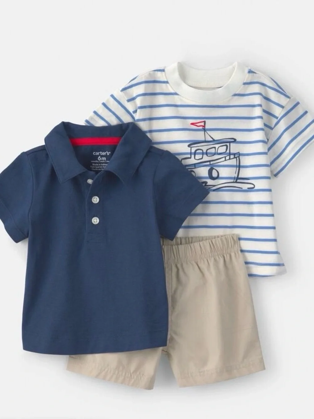 Carter's Navy Polo, Striped Boat Tee & Khaki Shorts Set